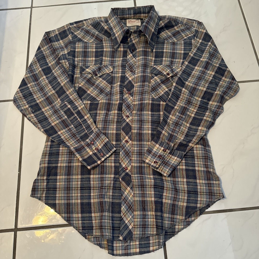 Vtg 70s Wrangler Permanent Press Long Tails Pearl Snap Shirt 22.5x27 Rockabilly